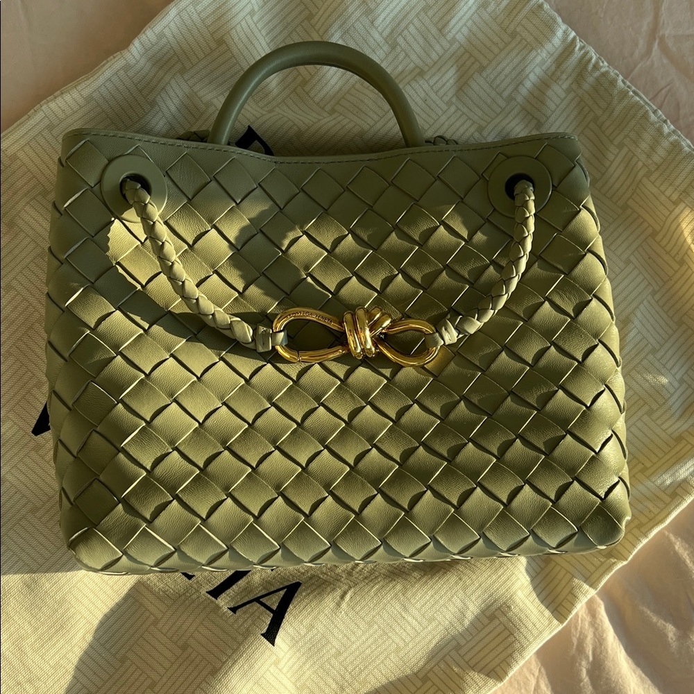 Bottega Veneta Andiamo intrecciato leather bag in Travertine, Small size